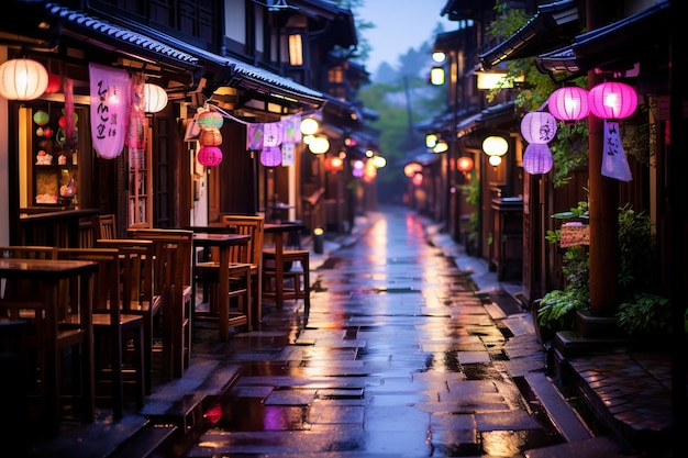 una calle asiática alineada con mesas y sillas en la lluvia