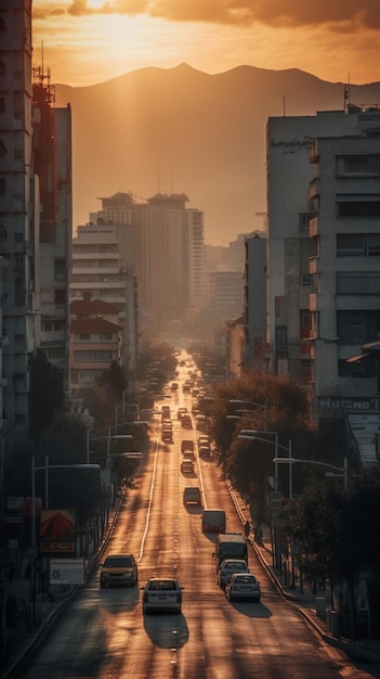 Una calle con un atardecer de fondo