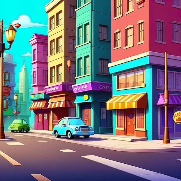 calle con autos y edificios de la ciudadcalle con autos y edificios de la ciudadcalle de la ciudad de dibujos animados con auto a