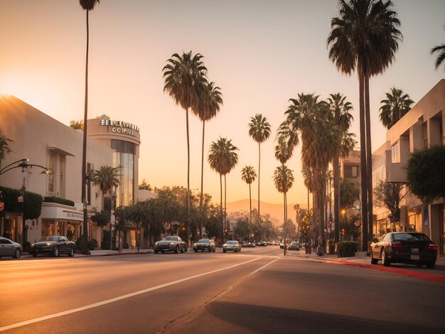 La calle Beverly Hills en el atardecer.