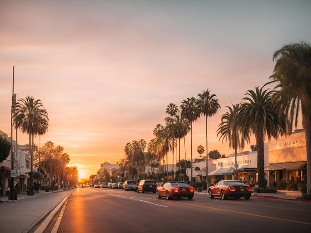 La calle Beverly Hills en el atardecer.