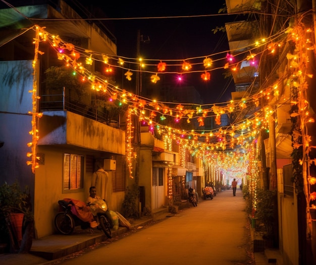 Una calle brillantemente iluminada decorada para diwali