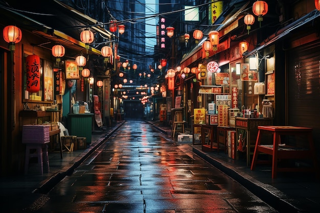 Calle en el callejón de Tokio después de la lluvia en la noche rodeada de tiendas