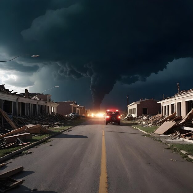 una calle con un camión y una nube de tormenta en el fondo