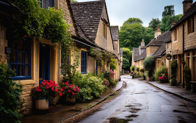 Foto una calle con una casa amarilla y una planta en olla a la izquierda