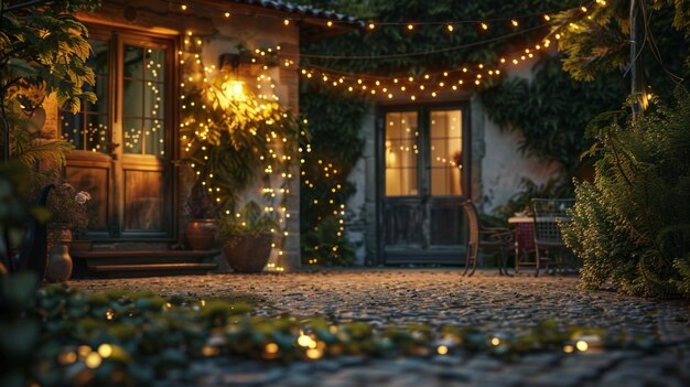 La calle y la casa están decoradas con luces.