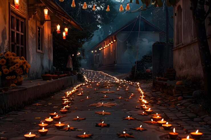 una calle con una casa iluminada y velas en el medio