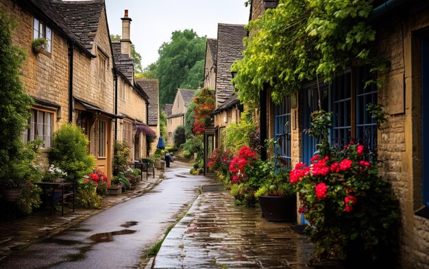 una calle con casas y flores en el lado de ella