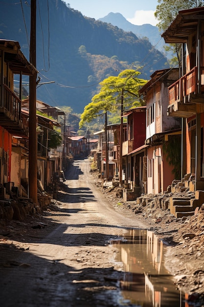 calle de casas de ladrillo rojo en un pueblo minero
