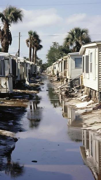 Foto una calle con casas y palmeras en el fondo