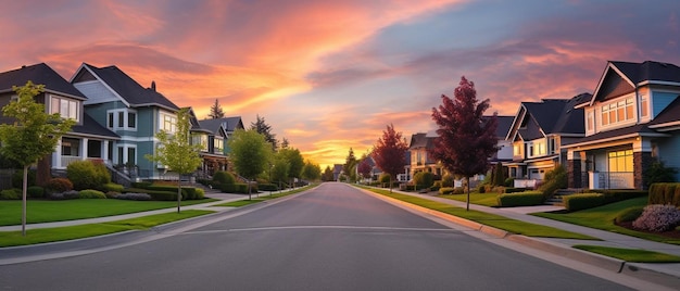 una calle con casas y una puesta de sol en el fondo