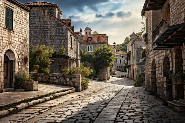 una calle del casco antiguo de una ciudad con una iglesia al fondo.