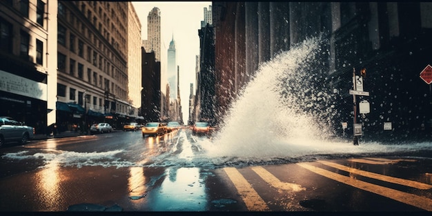 Una calle de la ciudad con agua brotando de ella.