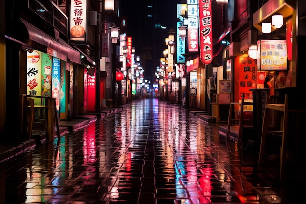 una calle de la ciudad asiática por la noche con señales de neón