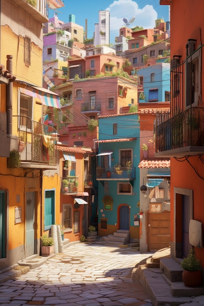 Una calle de la ciudad con casas de colores