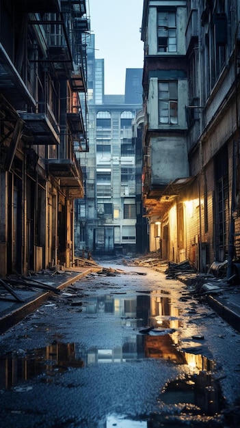 Foto una calle de la ciudad con un charco de agua en el suelo.