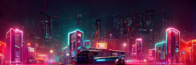 Calle de la ciudad ciberpunk, vista nocturna, ciudad futurista, luces de neón. Escena callejera nocturna, futuro retro.