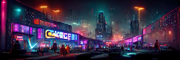 Calle de la ciudad ciberpunk, vista nocturna, ciudad futurista, luces de neón. Escena callejera nocturna, futuro retro.