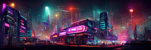 Calle de la ciudad ciberpunk, vista nocturna, ciudad futurista, luces de neón. Escena callejera nocturna, futuro retro.