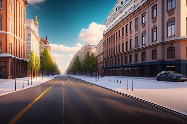 Una calle de la ciudad con un cielo azul y un edificio al fondo