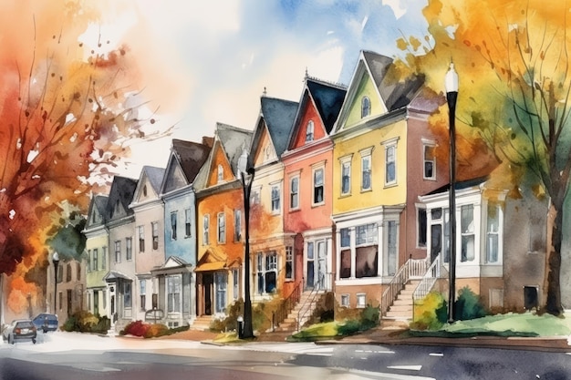 Calle de la ciudad de la ciudad vibrante de otoño con edificios de diferentes colores Ilustración de acuarela