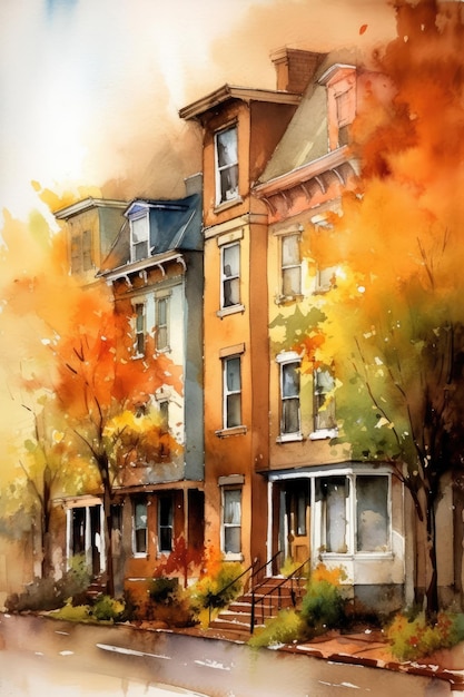 Calle de la ciudad de la ciudad vibrante de otoño con edificios de diferentes colores Ilustración de acuarela