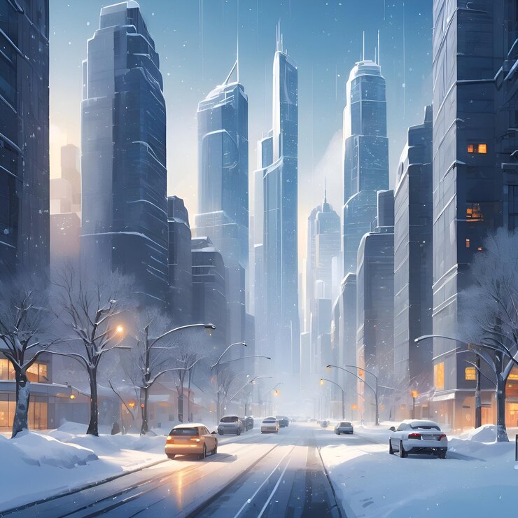 una calle de la ciudad con un coche y una calle cubierta de nieve