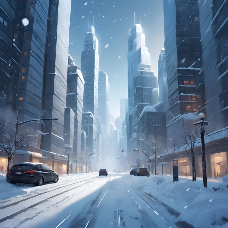 una calle de la ciudad con un coche y una calle cubierta de nieve