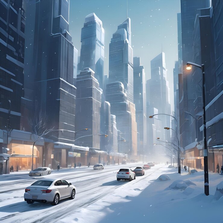 una calle de la ciudad con un coche y una calle cubierta de nieve