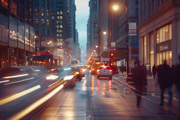 La calle de la ciudad del crepúsculo con luces brillantes y reflejos en la carretera húmeda