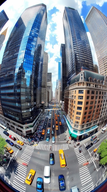 Una calle de la ciudad con un cruce peatonal y una vista del horizonte de la ciudad