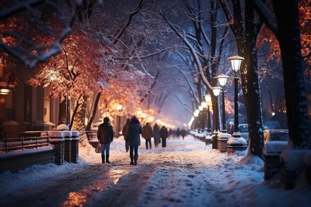 Foto la calle de la ciudad cubierta de nieve por la noche con iluminación en invierno en la víspera de año nuevo