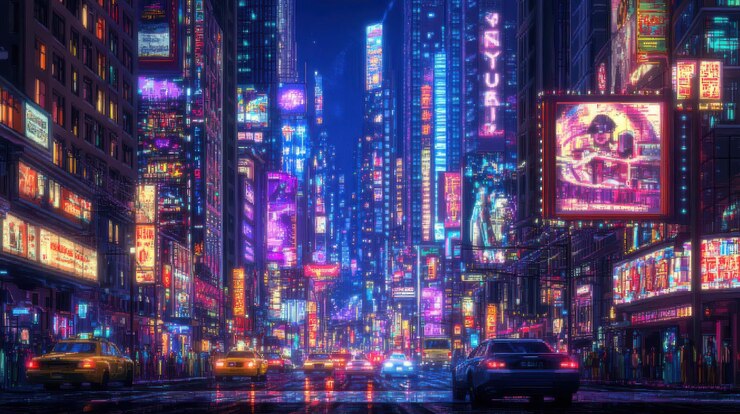 La calle de la ciudad cyberpunk brillando con luces de neón por la noche