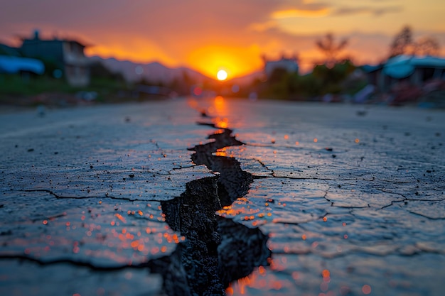 Calle de la ciudad con daños por terremoto al atardecer