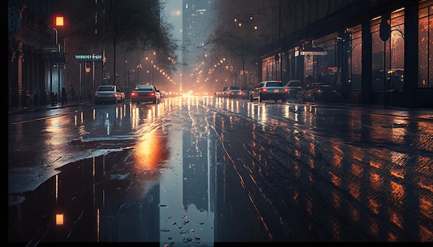 Calle de la ciudad después de la lluvia. IA generativa.