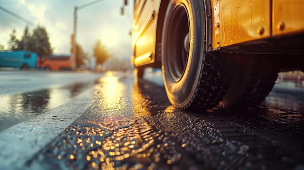 Calle de la ciudad después de la lluvia con el sol reflejado en el asfalto húmedo y el autobús amarillo