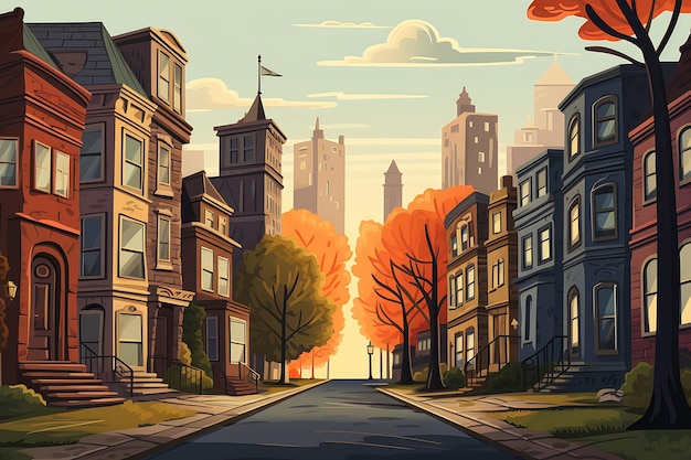 Una calle de la ciudad de dibujos animados con edificios altos cayendo un infinito