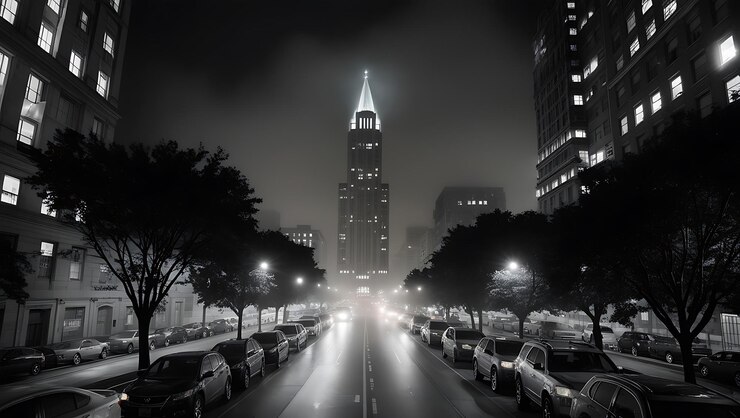 Una calle de la ciudad con un edificio alto en el fondo
