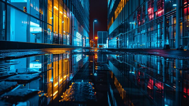 una calle de la ciudad con un edificio que tiene una luz azul en ella