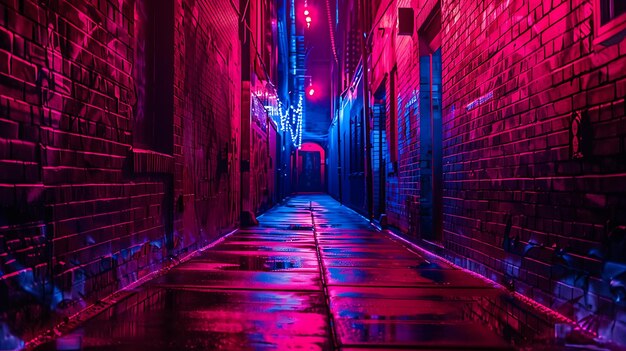 Calle de la ciudad con edificios de ladrillo por la noche iluminados con luces de neón rojas y azules