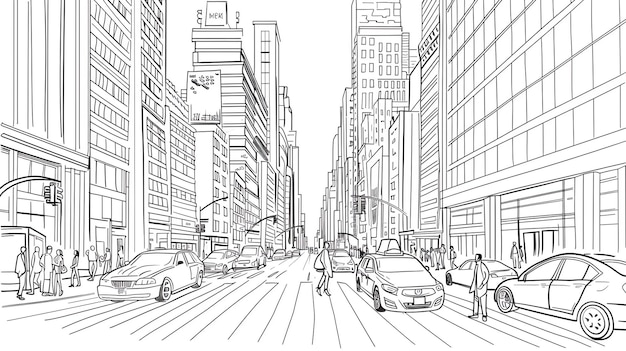 La calle de la ciudad está llena de actividad la gente está caminando los coches están conduciendo los edificios son altos e imponentes