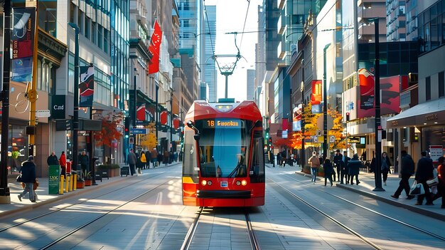 La calle de la ciudad está llena de actividad Un tranvía rojo y blanco se abre camino a través de la multitud de personas