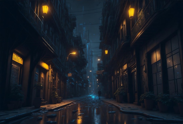 Calle de la ciudad de estilo cyberpunk en la noche en el fondo de la noche oscura