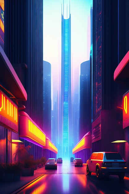 Calle de la ciudad futurista al estilo cyberpunk.