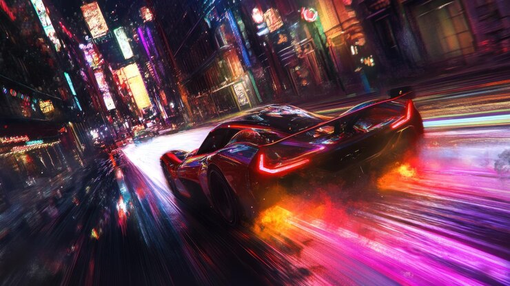 La calle de la ciudad futurista por la noche con un automóvil deportivo en rápido movimiento luces de neón vibrantes iluminan el paisaje urbano mostrando el movimiento borroso y la energía dinámica
