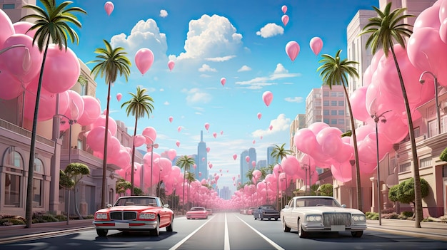 una calle de la ciudad con globos y coches con las palabras amor en el cielo.