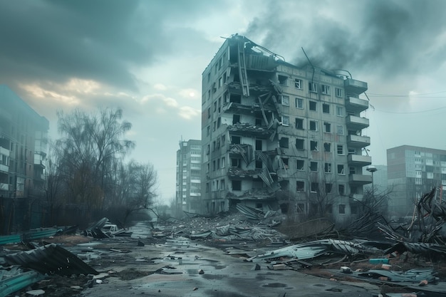 Una calle de la ciudad con un gran edificio en el fondo que está en ruinas