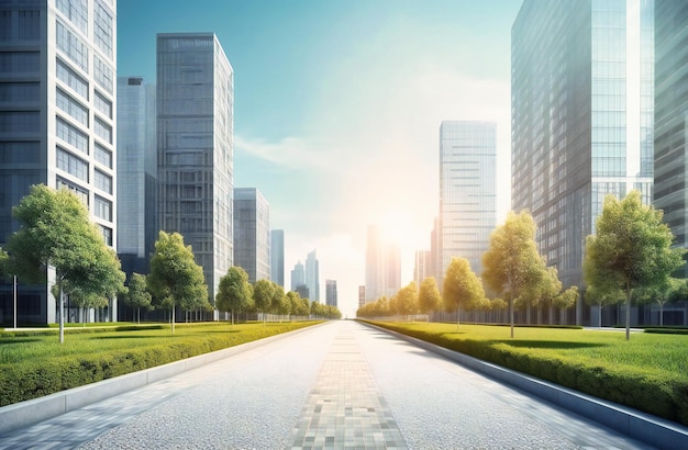 Una calle de la ciudad con hierba verde y grandes edificios altos