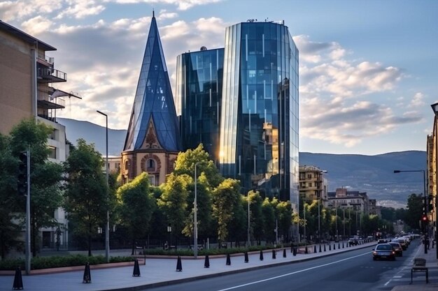 Foto una calle de la ciudad con una iglesia y una iglesia en el fondo