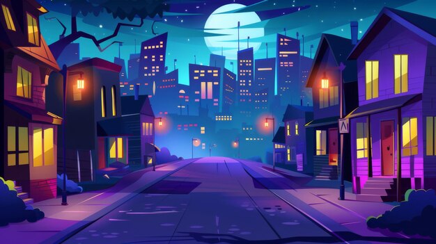 Calle de la ciudad iluminada con luces de lámparas en la noche Ilustración de dibujos animados modernos de casas suburbanas a lo largo de callejones de campo rascacielos oscuros arquitectura moderna vecindario acogedor